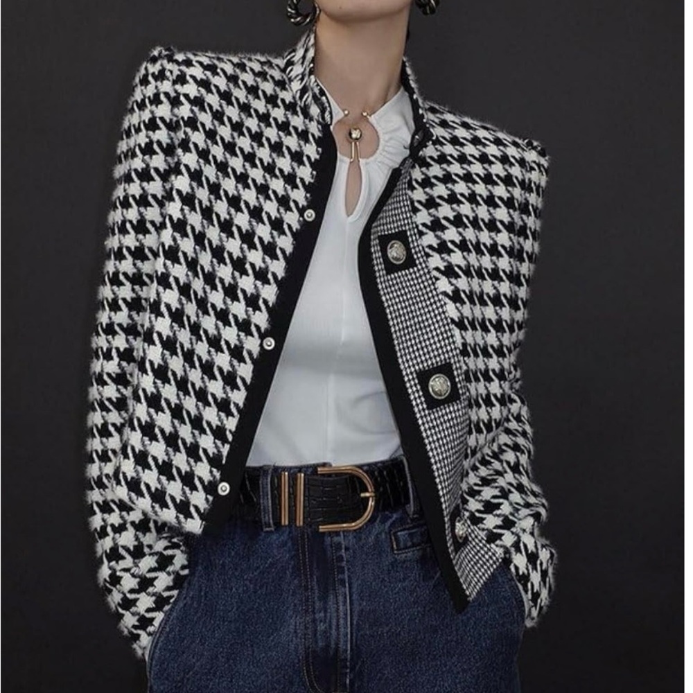 Trendy Houndstooth Cropped Jackets Long Sleeve Plaid Casual Shacket Coat Sz S